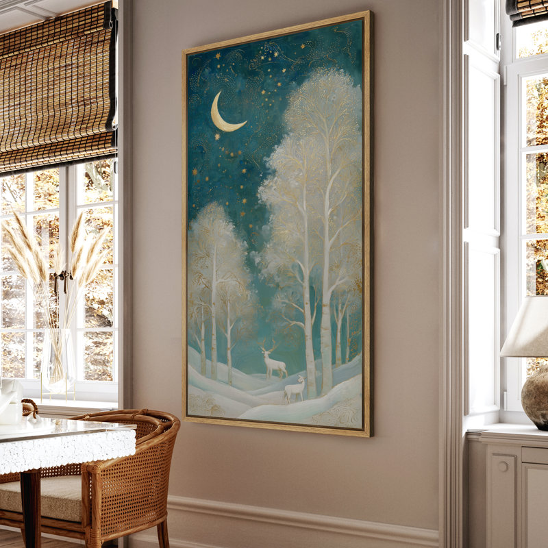 Enchanted Winter Night - Forêt au clair de lune avec des cerfs et des étoiles dorées - grande reproduction d'art sur toile encadrée
