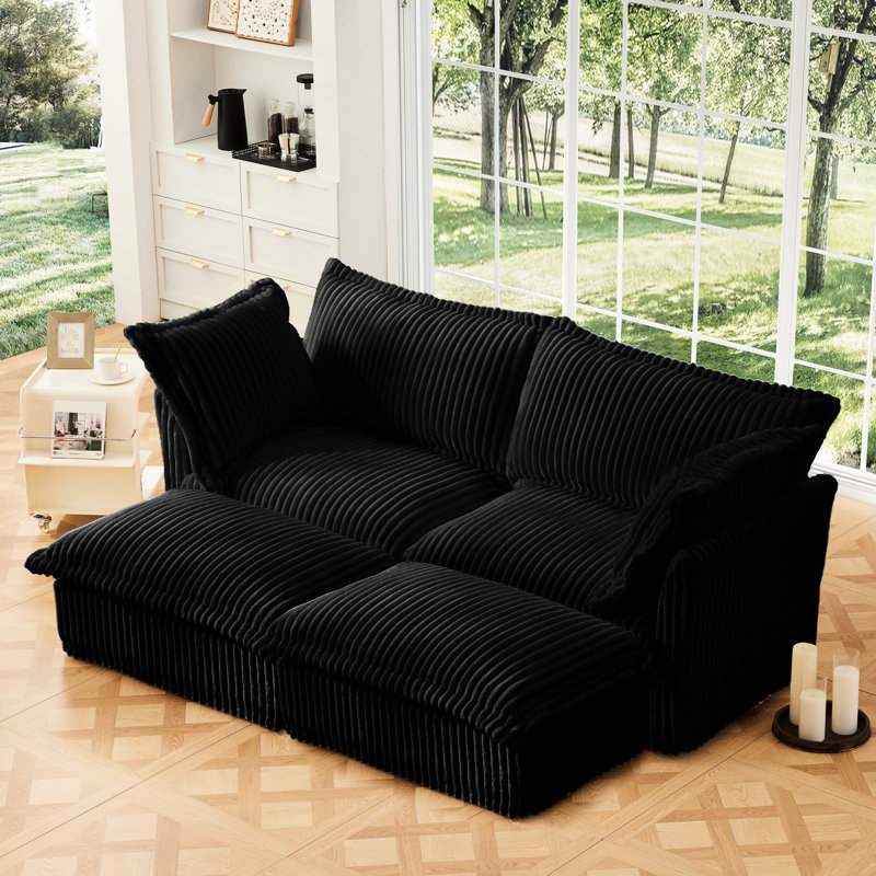 2 avec repose-pieds, tissu velours côtelé, salon élégant noir, 2 places, sièges confortables inclus