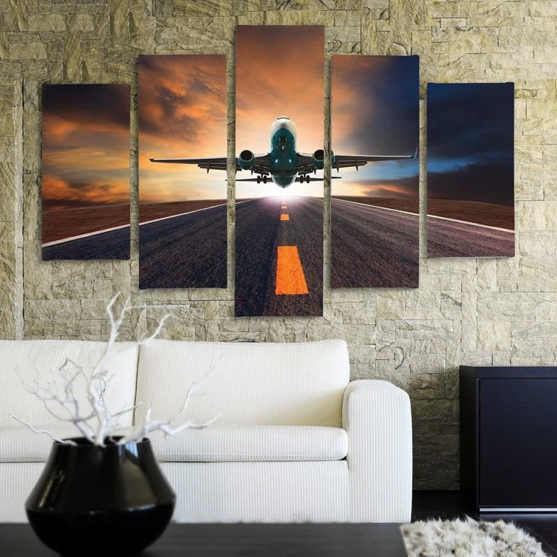 Sunset Airplane - 5 Piece No Frame Print on Canvas, 70cm H x 100cm W