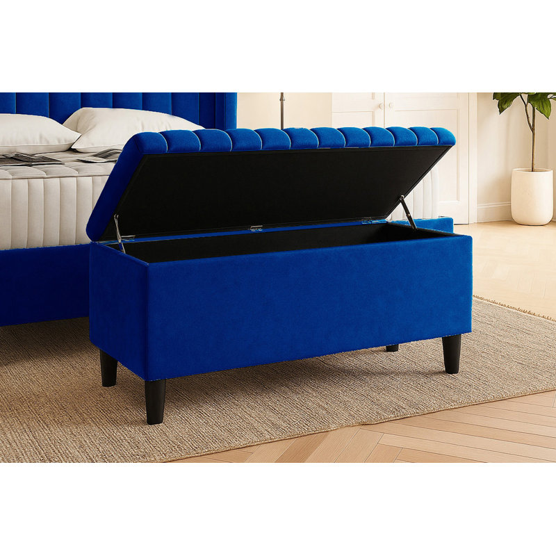 Plush Velvet Lined Upholstered Ottoman Storage Box with Wooden Legs, Sapphire Blue, 45cm H X 150cm W X 40cm D