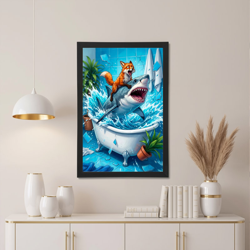 Fox Riding Shark In Bathtub Canvas Wrapped Wall Art Oil Painting Print Set Of 1, 18" H x 12" W