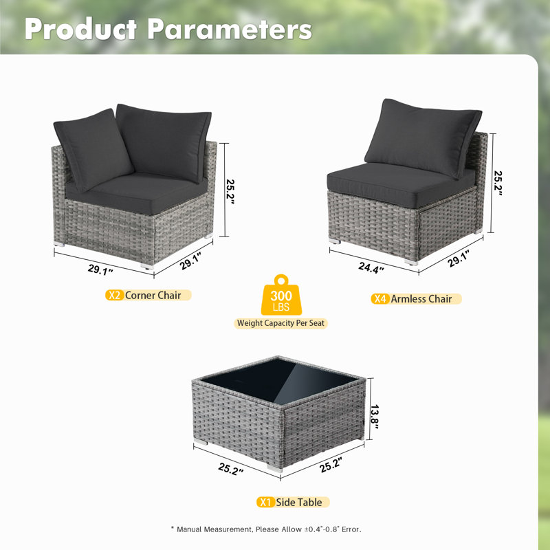 Ensemble de conversation modulaire en rotin 7 pièces avec coussins Lava, Noir