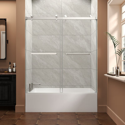 Porte de douche coulissante double à installation simple réversible de 55 à 60 po x H 60 po avec porte de douche coulissante facile à installer, verre trempé de 5/16 po (8 mm) avec film antidéflagrant Nano
