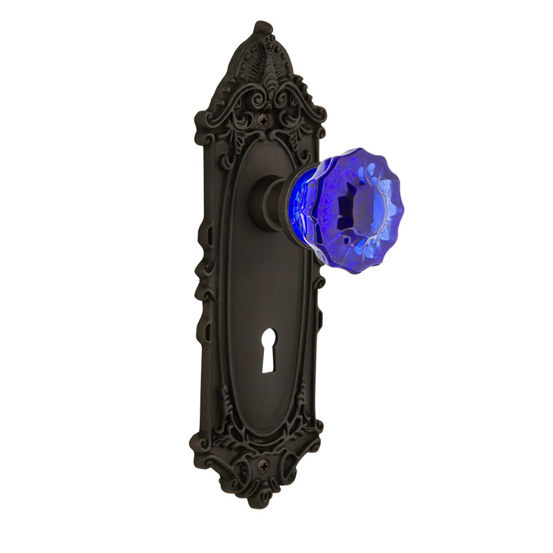 Victorian Plate with Decorative Keyhole and Crystal Cobalt Door Knob, Oil-Rubbed Bronze, 2 3/8