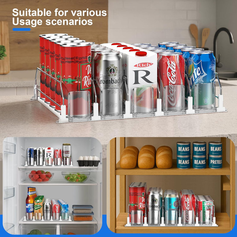 Organisateur de boissons pour réfrigérateur, distributeur de boissons amélioré pour réfrigérateur, glissière à poussoir automatique, 12 oz 16 oz - distributeur de canettes pour réfrigérateur - peut contenir jusqu'à 20 canettes - 5 rangées blanc