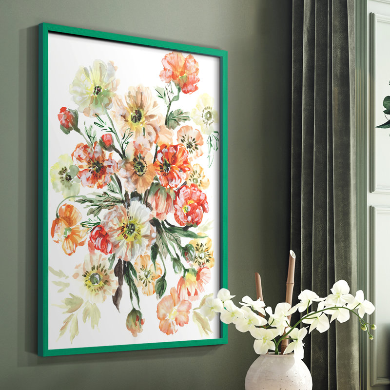 «Islandais Poppies I», reproduction encadrée - bois massif, Vert, H 10 po x l 8 po