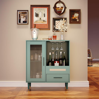 Wine Bar Cabinet with Tempered Glass Door – Includes Wine Rack, Drawers, Glass Holder – Freestanding Sideboard for Dining Room, Kitchen