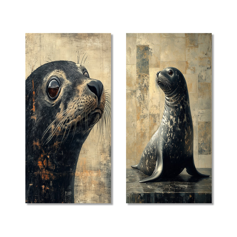 «Seal in Black and Beige Tones I», reproduction d'art murale en métal 2 pièces, H 40 po x l 40 po