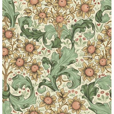 Papier peint vintage vigne tournesol vert sauge et moutarde