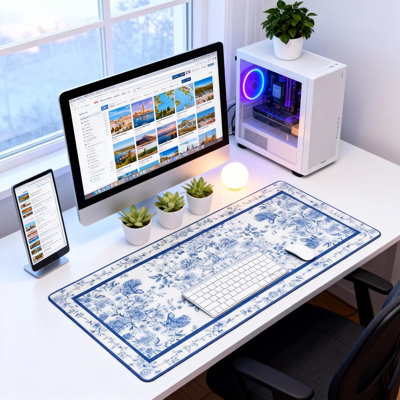 Floral Aesthetic Dahlia Gaming Mouse Pad, White Blue Rug Desk Mat with Anti-Slip Base & Stitched Edges,27.5" x 12" in Desk Accessories for Women, Home Office Decor & Artistic Gift