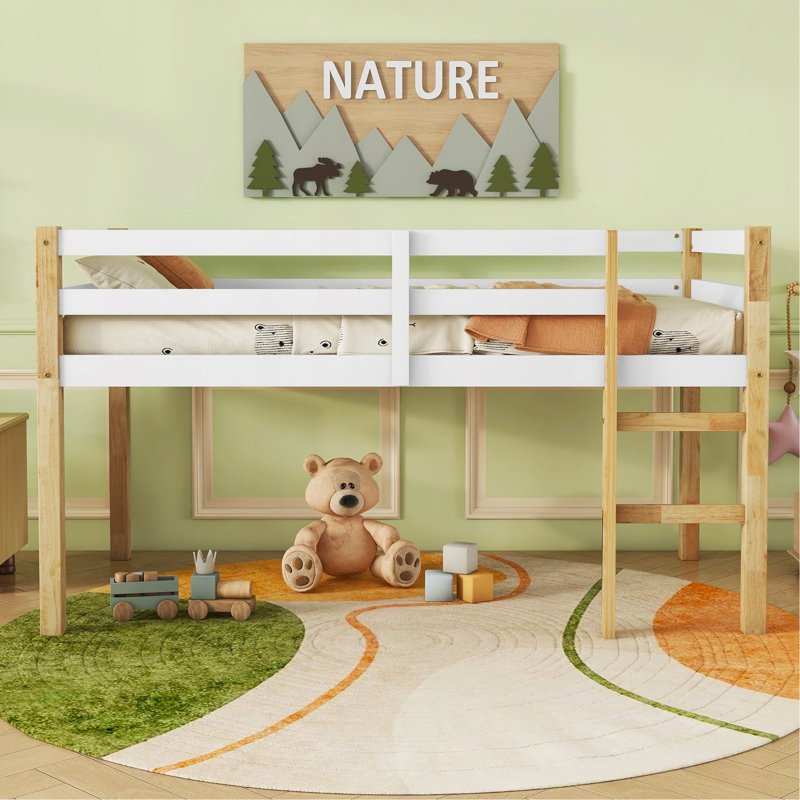 Solid Wooden, Rubber Wooden Twin Loft Bed With Ladder, Bed Platform Of Strengthened Slats,Natural-White, Twin, Natural/White