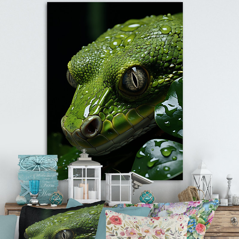 Serpent émeraude enroulé sur toile, H 32 po x l 24 po x P 1 po, Toile tendue