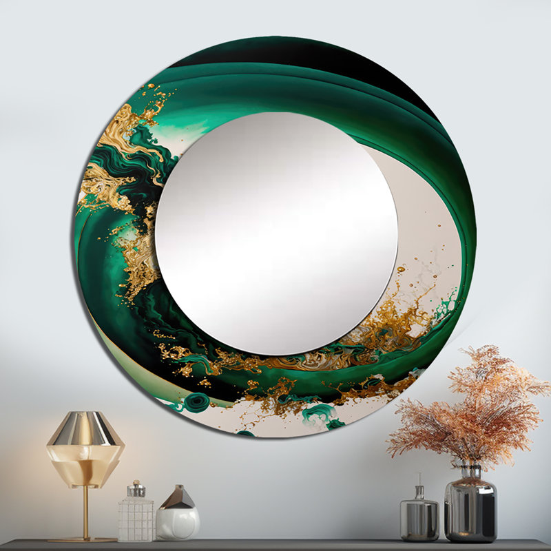 Pazley émeraude vert et or abstrait vagues II - abstrait spirales miroir, miroir mural décoratif vert, art imprimé en métal