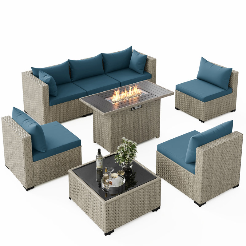 8-Piece Patio Conversation Set With Fire Pit Table, Coffee Table, And Cushions, Peacock Blue