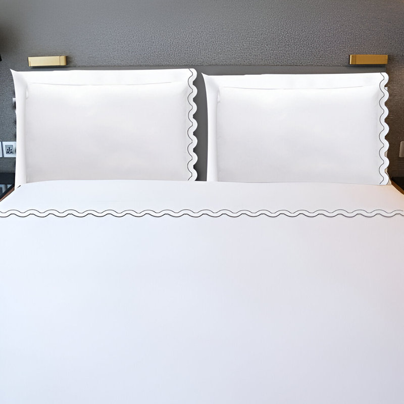 400TC Reverse U Shape Embroidery Cotton 4 Piece Sheet Set Fitted Sheet Fits Upto 16" Deep Pocket, Queen Sheet Set