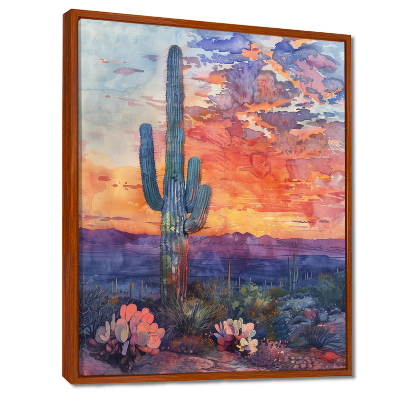 Cactus vert mauve, désert, coucher de soleil II - Cactus, art mural, H 32 po x l 16 po x P 1 po