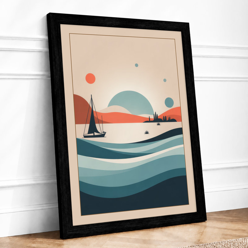 Sailboat at Dusk Coastal - Framed Print, A4 - 29.7 x 21.0 cm, Black