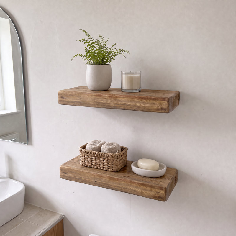 Tablette flottante murale en bois de pin récupéré rustique 2 pièces, 1.4“ H x 16” W x 8" D, Natural
