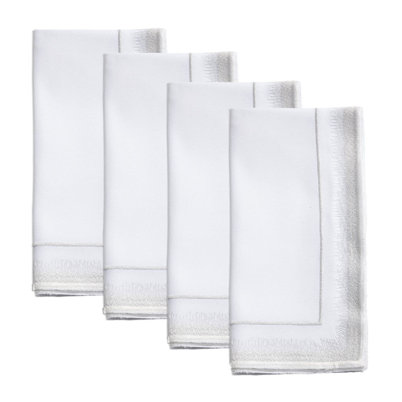 Elegant Embroidery Detail Napkin (Set of 4), White/Silver