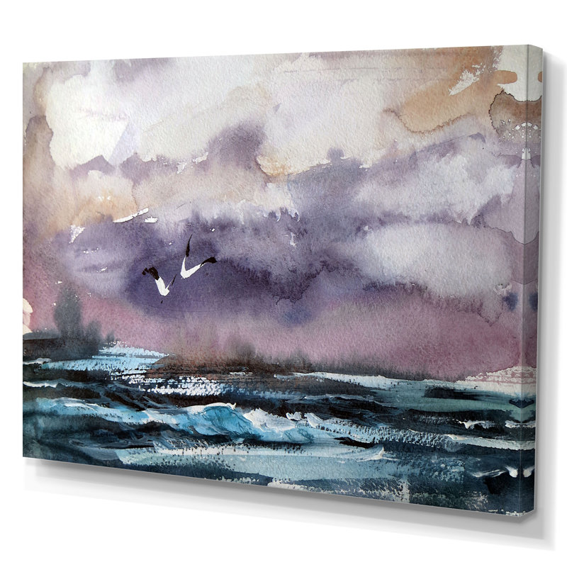 Vague et goélands - Peinture sur toile, H 8 po x l 12 po x P 1 po, Toile tendue