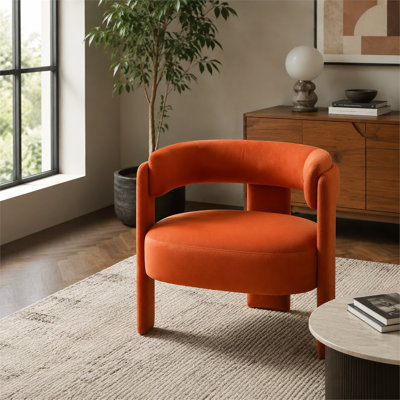 Fauteuil orange moderne en velours Mid-Century avec pieds en bois pour le salon, la chambre, le bureau, la lecture