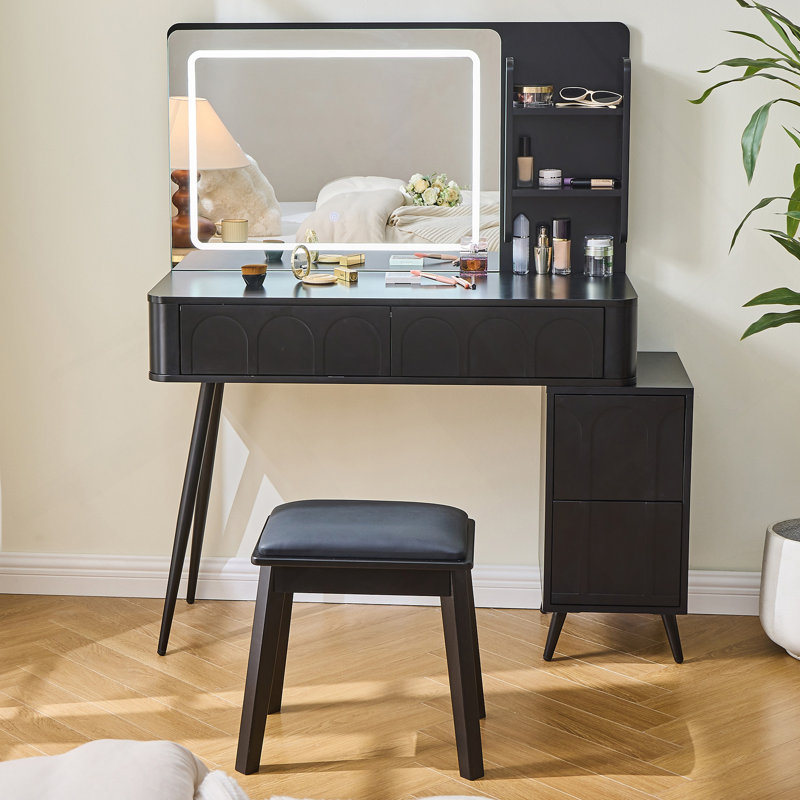 Meuble-lavabo moderne avec lumières DEL et miroir, ensemble de coiffeuse 4 tiroirs avec tabouret, luminosité réglable en 3 couleurs, peu encombrant pour la chambre à coucher, noir