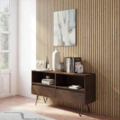 Chase 54"W Solid Acacia 2 Shelf Modern Industrial Low Bookcase with Large Drawers and Metal Hairpin Legs
