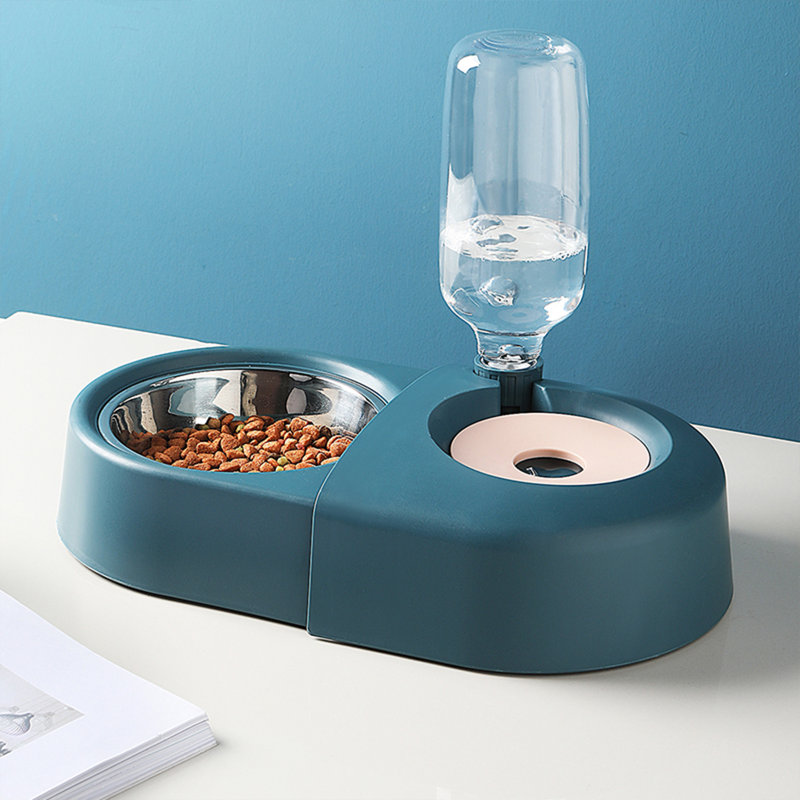 Blue Stainless Steel Pet Feeder with Automatic Water Dispenser
