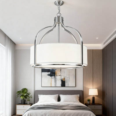 5-Light Brushed Nickel Drum Chandelier With White Fabric Shade, Modern Open Cage Pendant Light Fixture For Dining Room Kitchen Living Room Bedroom Foyer