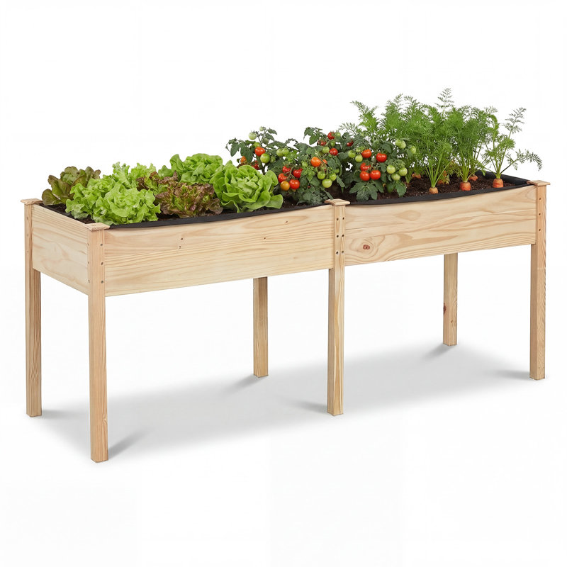 Outdoor Raised Garden Bed With Legs 73x23x30in Wood Planter Box With Divider Panel, Beige