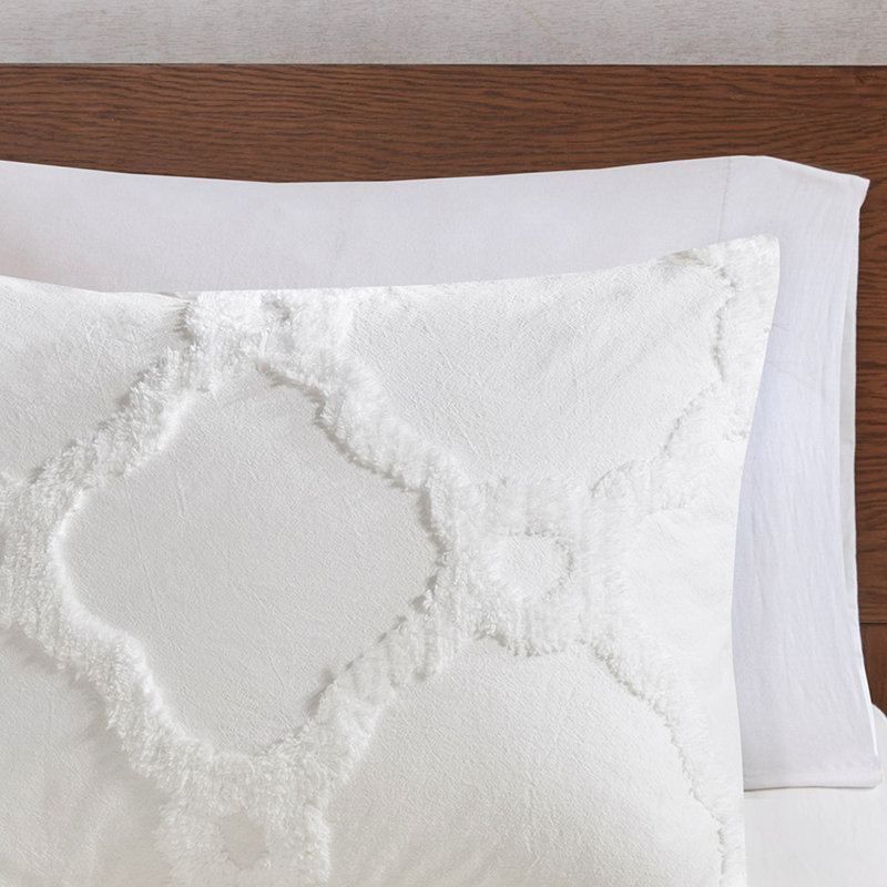 3 Piece Tufted Cotton Chenille Geometric Comforter Set Off-White, Full/Double Comforter