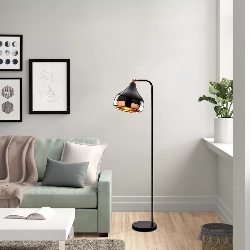 Lampe sur pied arquée 47 po Youra, Noir, Noir / Cuivre