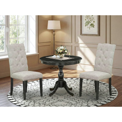 3 Piece Dining Set Consists of 1 Modern Dining Table and 2 Doeskin Linen Fabric Dining Chairs Button Tufted Back with Nail Heads - Wire Brushed Black Finish