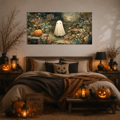 Art mural fantôme sur toile d'Halloween, décor d'Halloween rétro avec un fantôme mignon et des citrouilles, œuvre d'art Moody Cottagecore pour le salon, la chambre à coucher, le hall d'entrée de la salle de bain, toile tendue avec cadre en pin, 32 po x 16 po