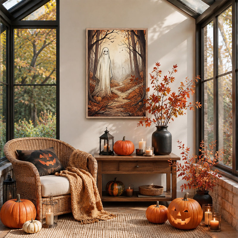Tableau sur toile d'Halloween représentant un fantôme blanc marchant dans les bois d'automne avec des citrouilles