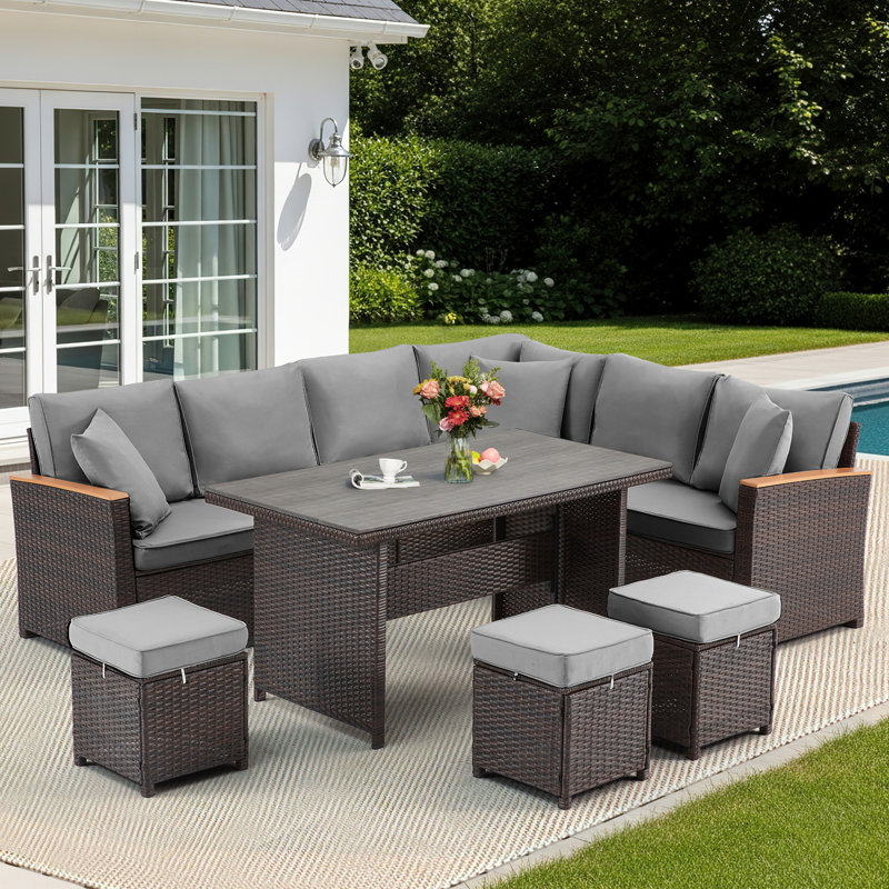7 Piece Patio Furniture Set, Outdoor Sectional Couch With Dining Table & 3 Ottomans, Pe Rattan Outdoor Furniture Set For Garden Poolside Backyard