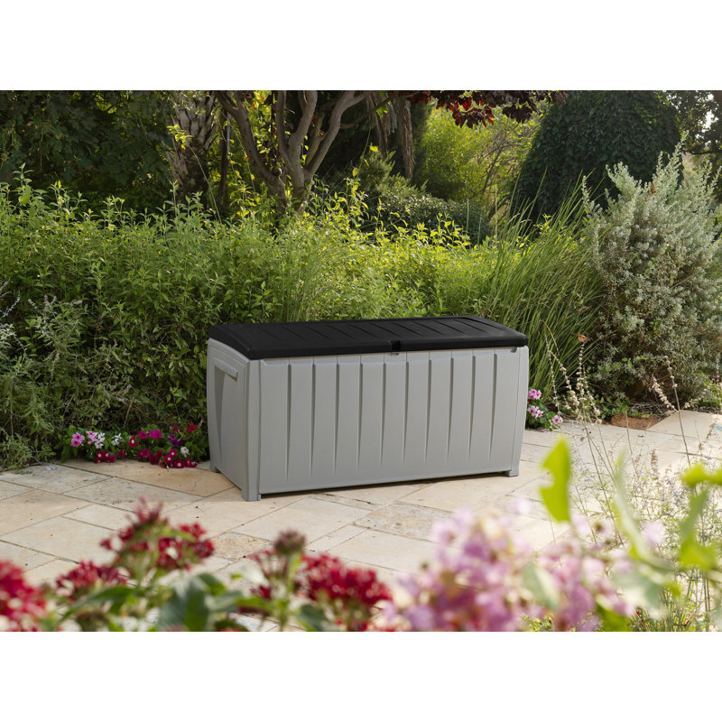Boîte de rangement pour l'extérieur en résine durable 90 gallons Keter Novel, Noir/gris