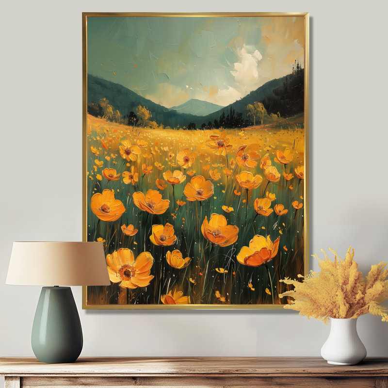 Décoration murale orange bouton d'or noir Meadow Bliss II - boutons d'or, Toile avec cadre flottant or