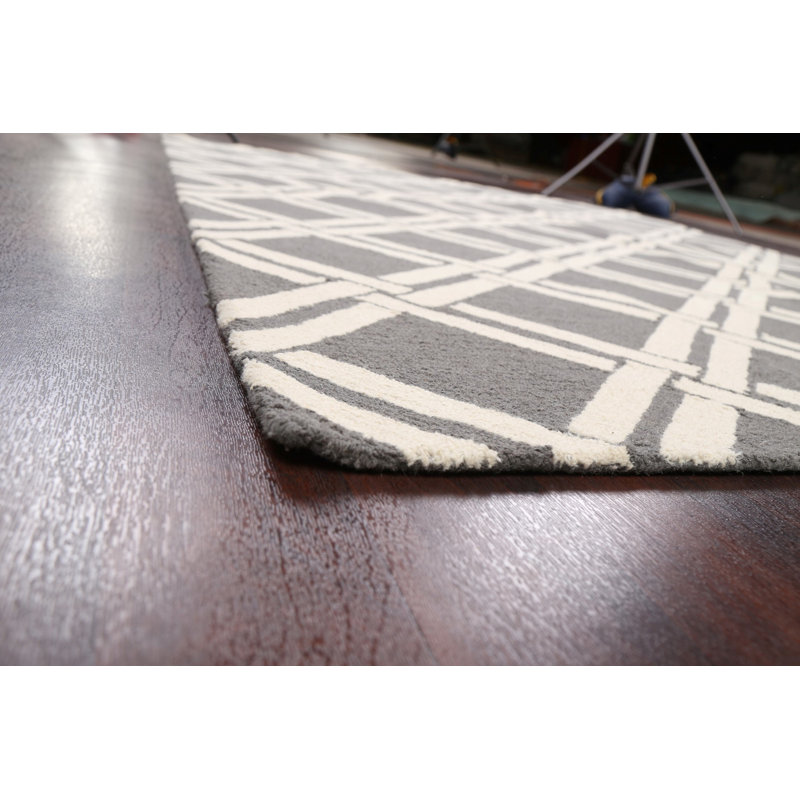 Tapis gris en laine touffeté à la main à motif géométrique