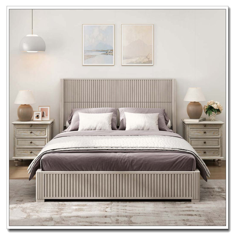 Grand lit plateforme en bois massif avec finition et tête de lit beige, aucun sommier nécessaire, Grand lit, Beige