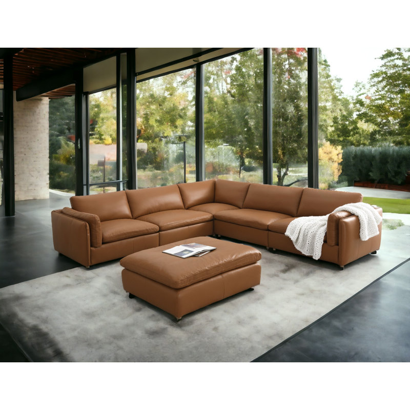 Canapé modulaire 6 pièces Morariu, Cuir véritable brun