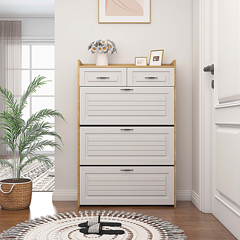 Shoe cabinet with 3 doors 2 drawers, large space for storage, White/Oak