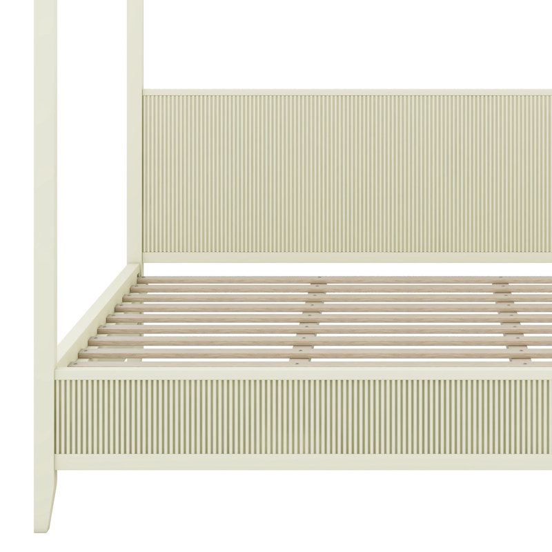 Lit à baldaquin en bois avec tête de lit, support à lattes, lit à baldaquin en bois, Beige