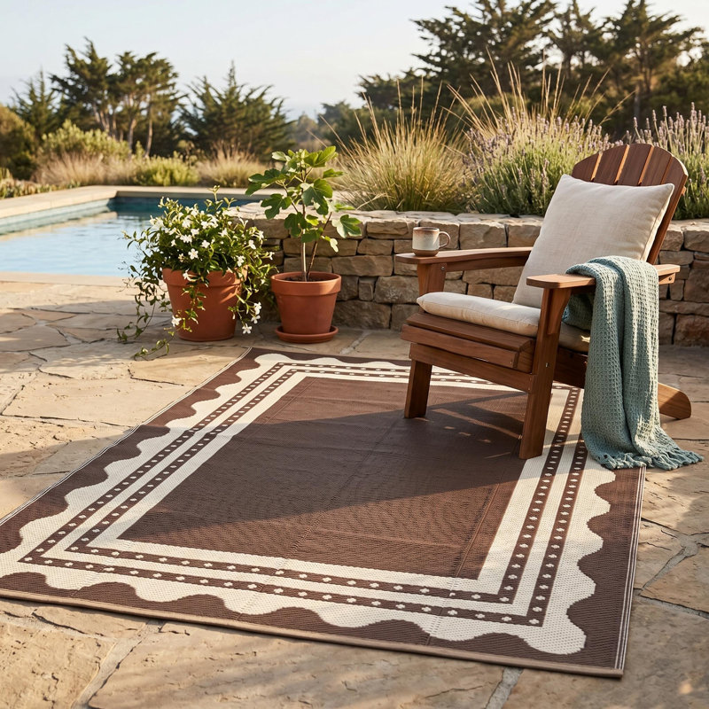 8x10 Reversible Outdoor Rug for Patio, Deck and Backyard, Waterproof and UV-Resistant Recycled Polypropylene Area Rug, Lightweight Foldable Mat for Camping, Beach and RV, Brown & Beige