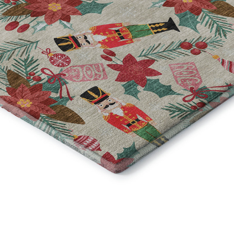 Premium Machine Washable Dockside AMF1822 Nutcracker and Poinsettia Rug, Rectangle 2'6" x 3'10"