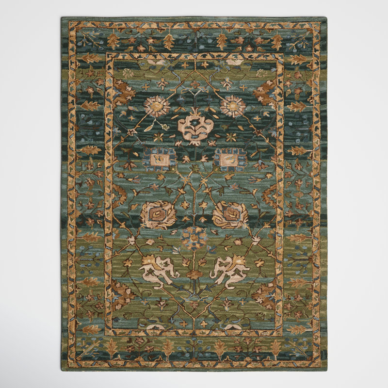 Corla 9' x 12' Blue and Green Hand Tufted Wool Floral Rug