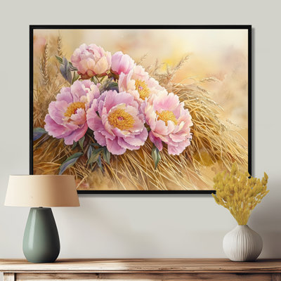 Ferme, pivoines le long de la meule de foin I - pivoines, art mural