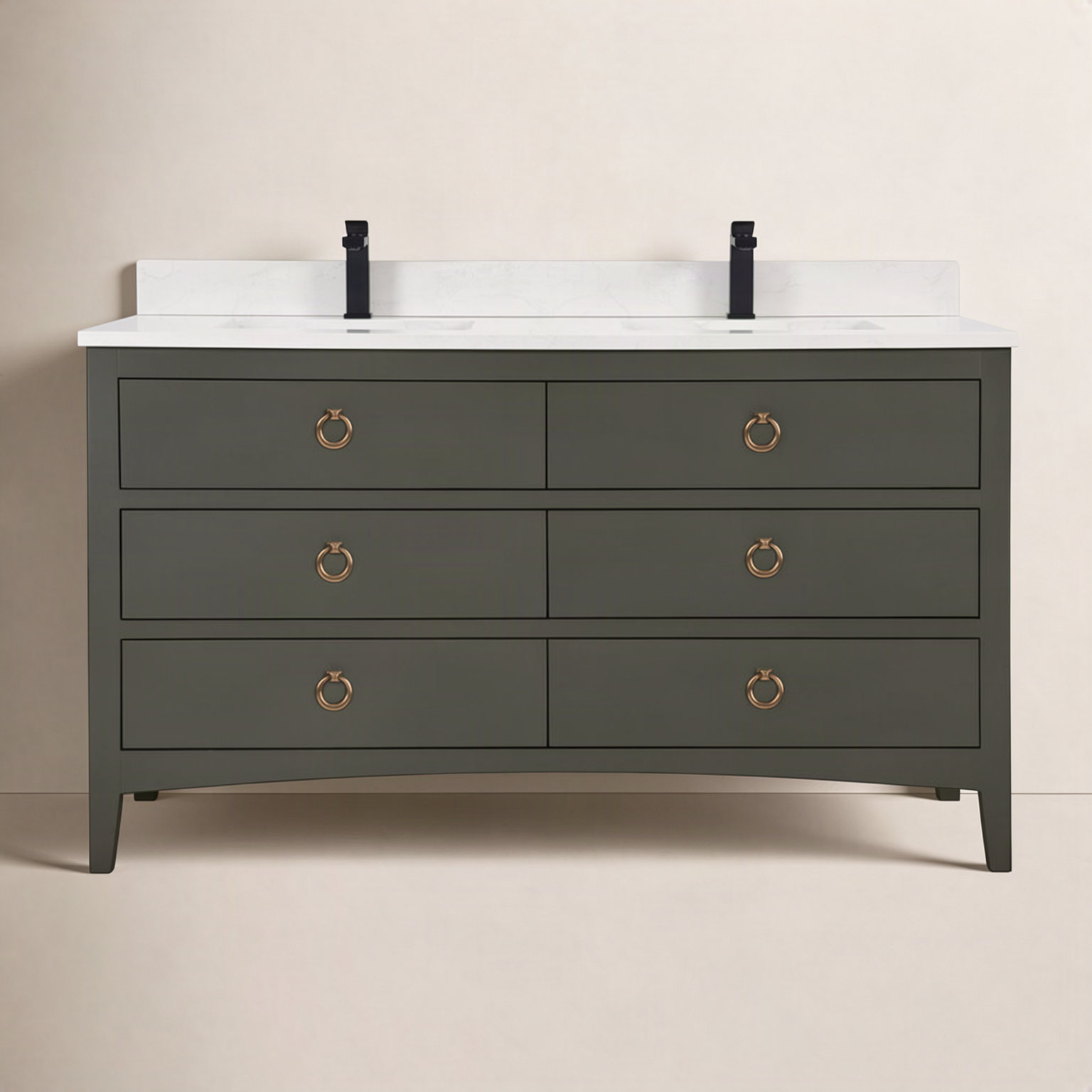 Newnam 60" Oak Double Bathroom Vanity, Pewter Green, Rose Gold