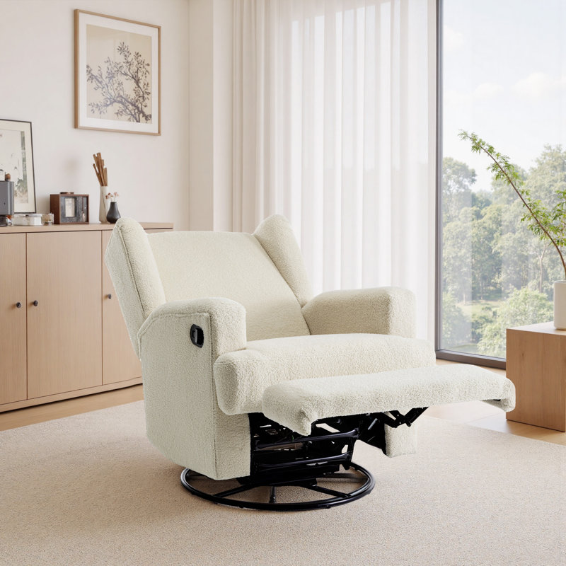 Upholstered 80 cm W Manual - Push Back Swivel Rock  Glider Recliner, Cream