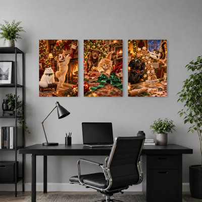 Ensemble de 3 chiots et chatons des Fêtes sautant près de Noël, art mural sur toile